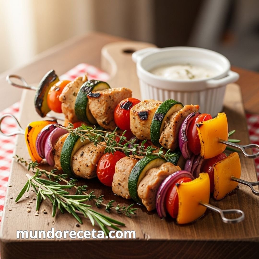 Brochetas de pollo marinadas con verduras