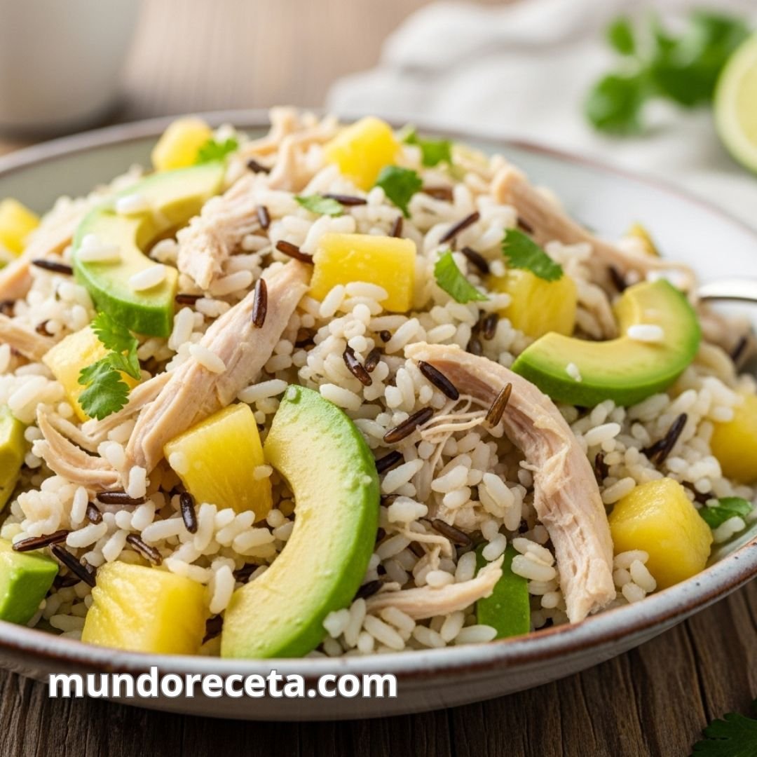Ensalada de arroz con pollo, piña y aguacate