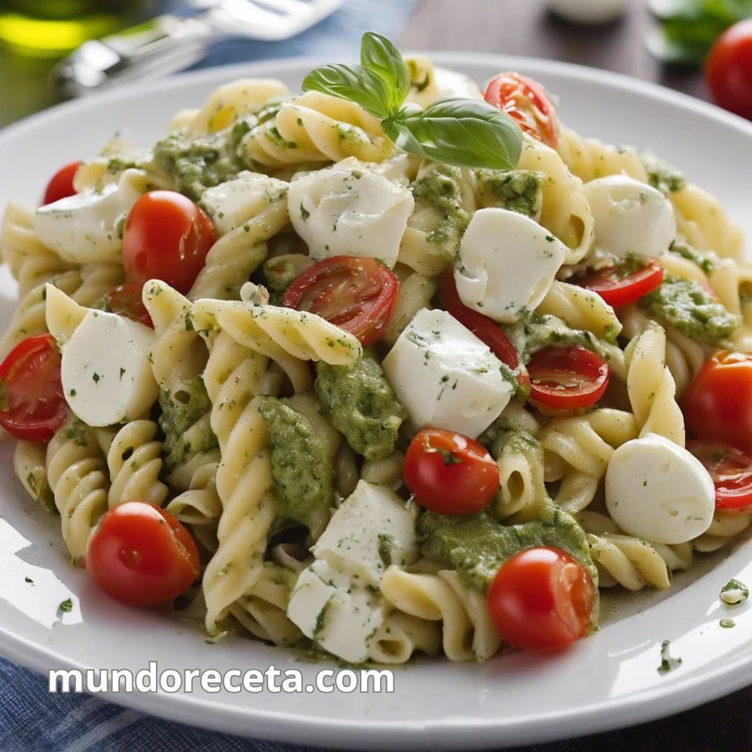 Ensalada de pasta con pesto, tomate cherry y mozzarella