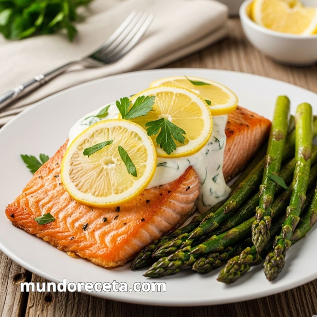 Salmón al horno con espárragos y salsa de limón