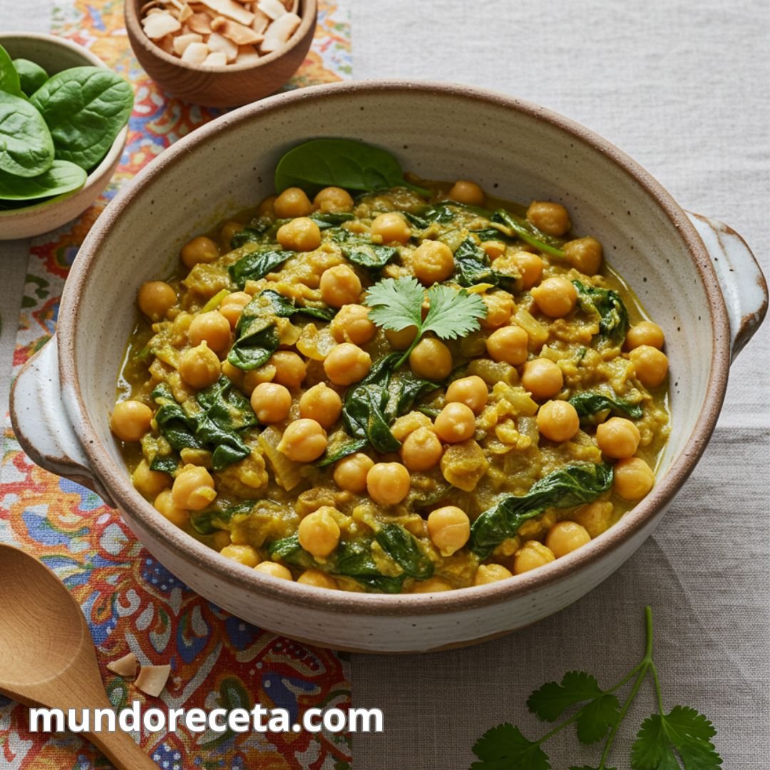 Curry de garbanzos con espinacas y leche de coco