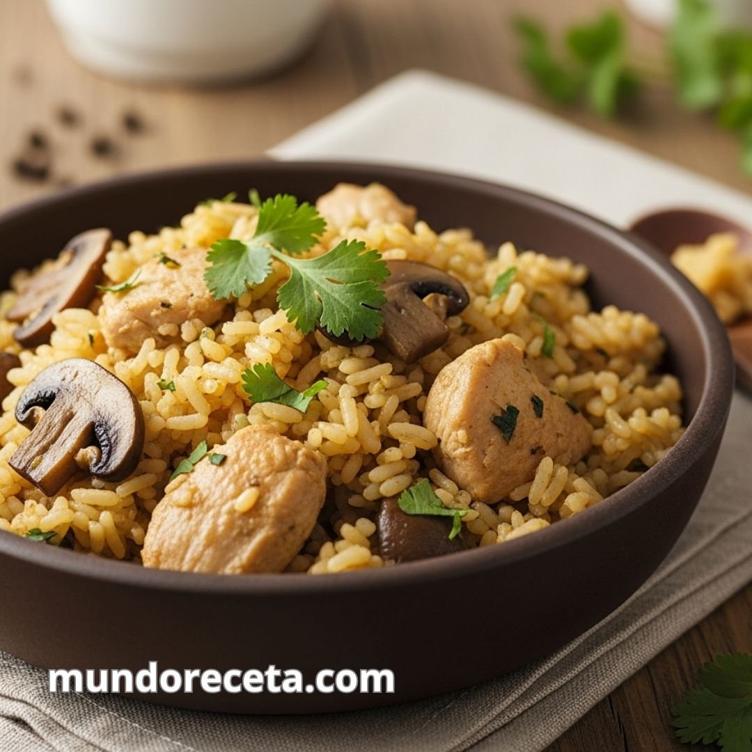 Arroz con pollo y setas en su propio jugo