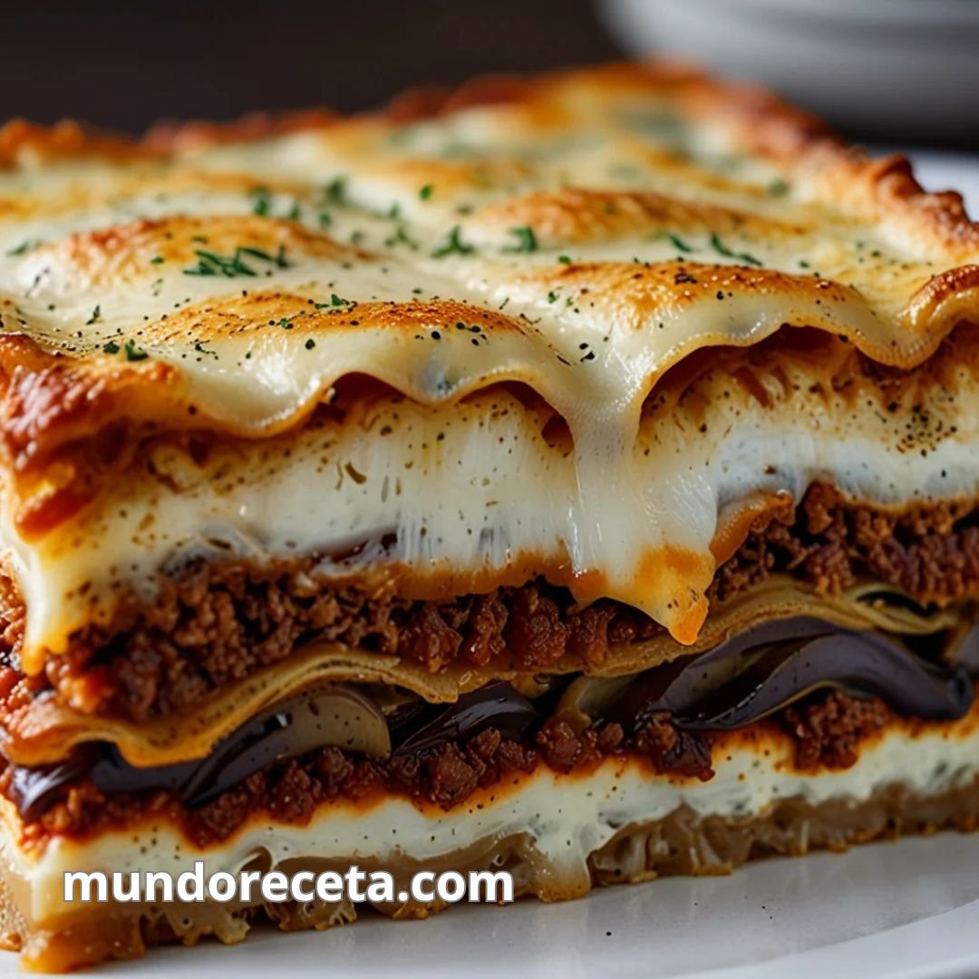 Lasaña de berenjena con carne y queso gratinado