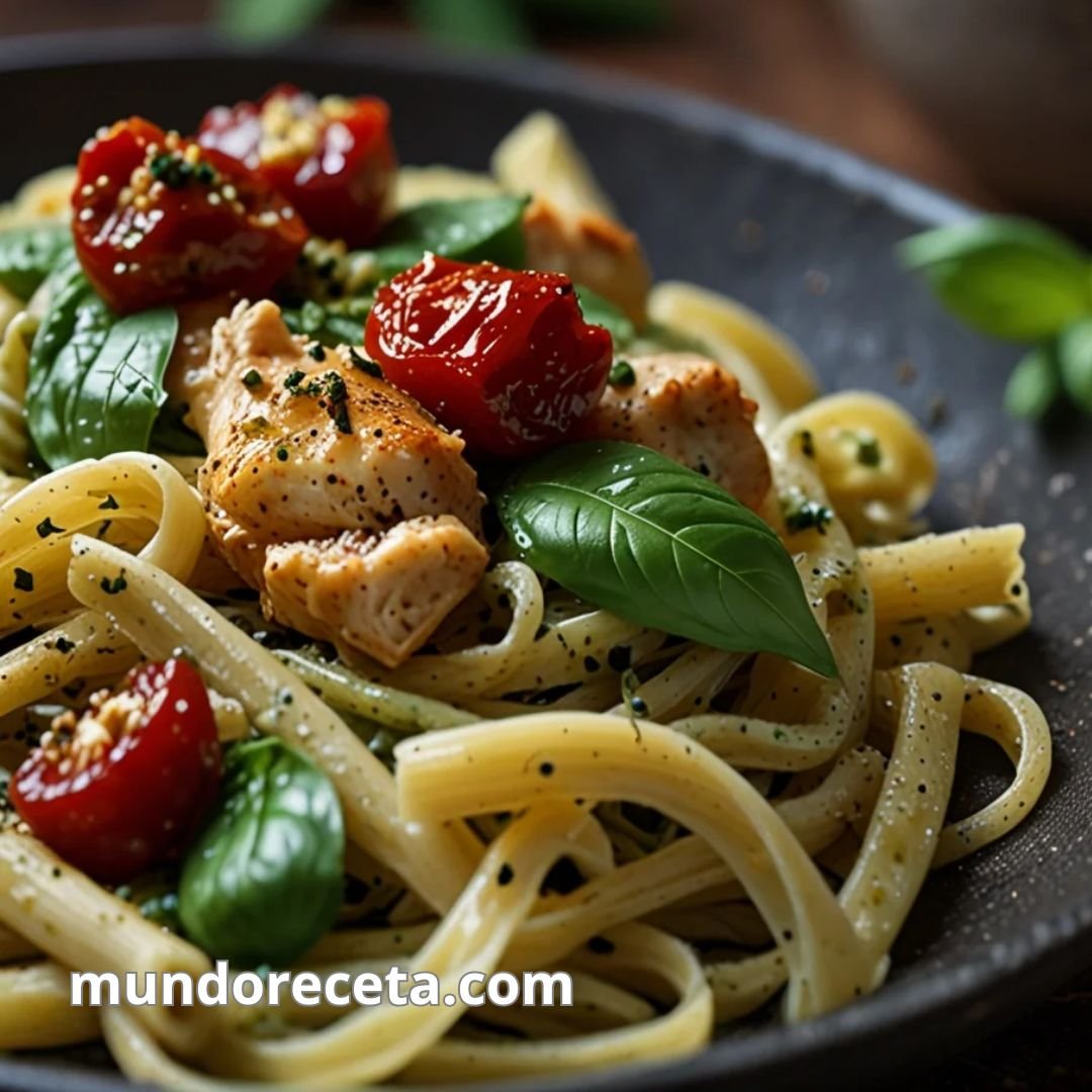 Pasta al pesto con pollo y tomates secos