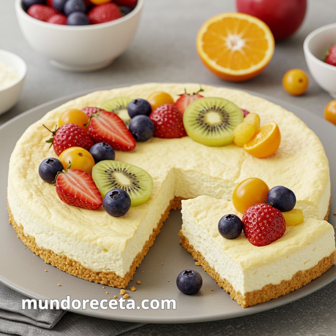 Pastel queso sin horno con frutas frescas rápido fácil