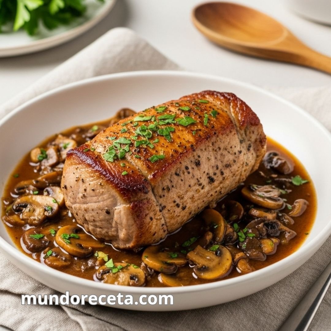 Solomillo de cerdo en salsa de champiñones, una delicia