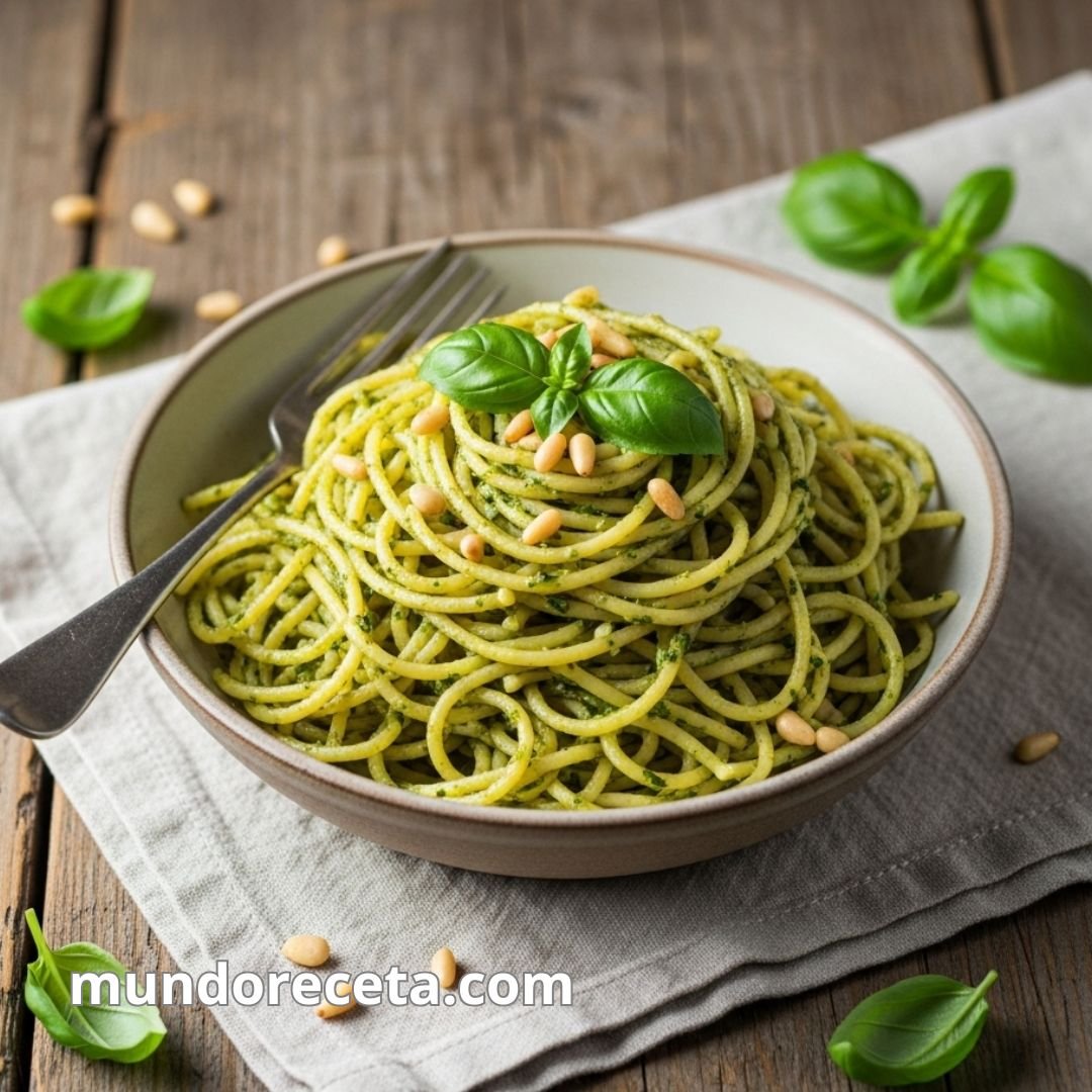 Espaguetis con pesto de albahaca y piñones