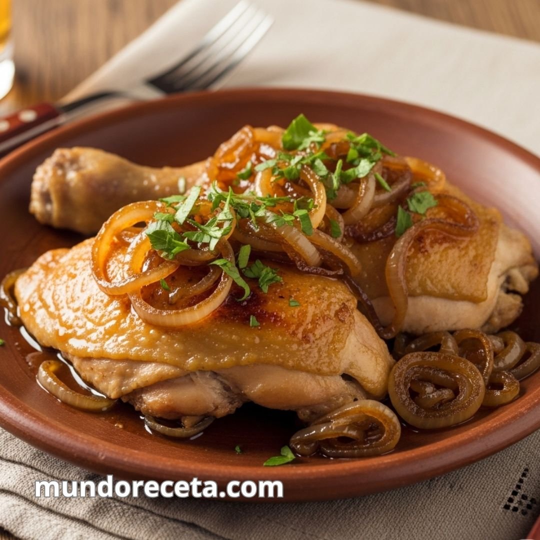 Pollo a la cerveza con cebolla caramelizada