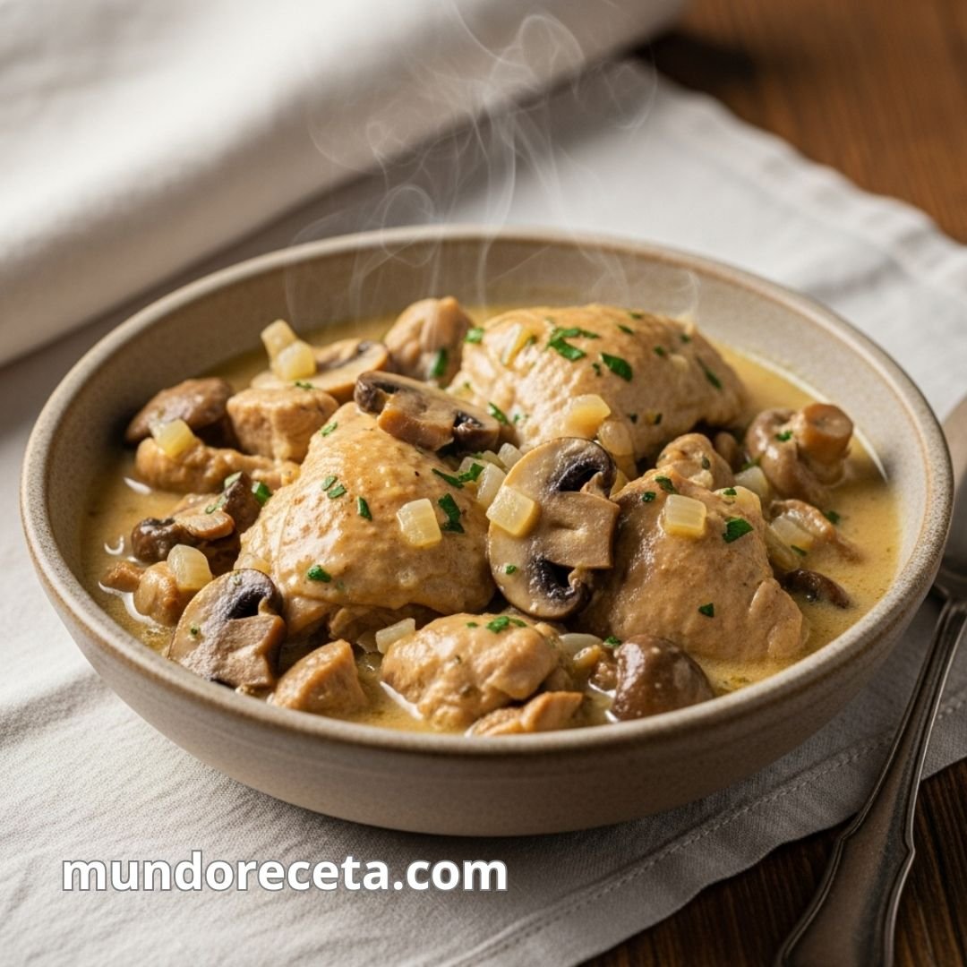 Pollo guisado con champiñones y vino blanco