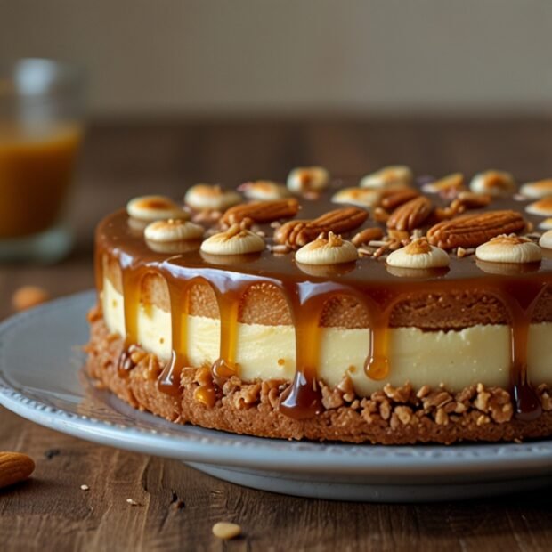 Tarta de caramelo y almendras con base crujiente