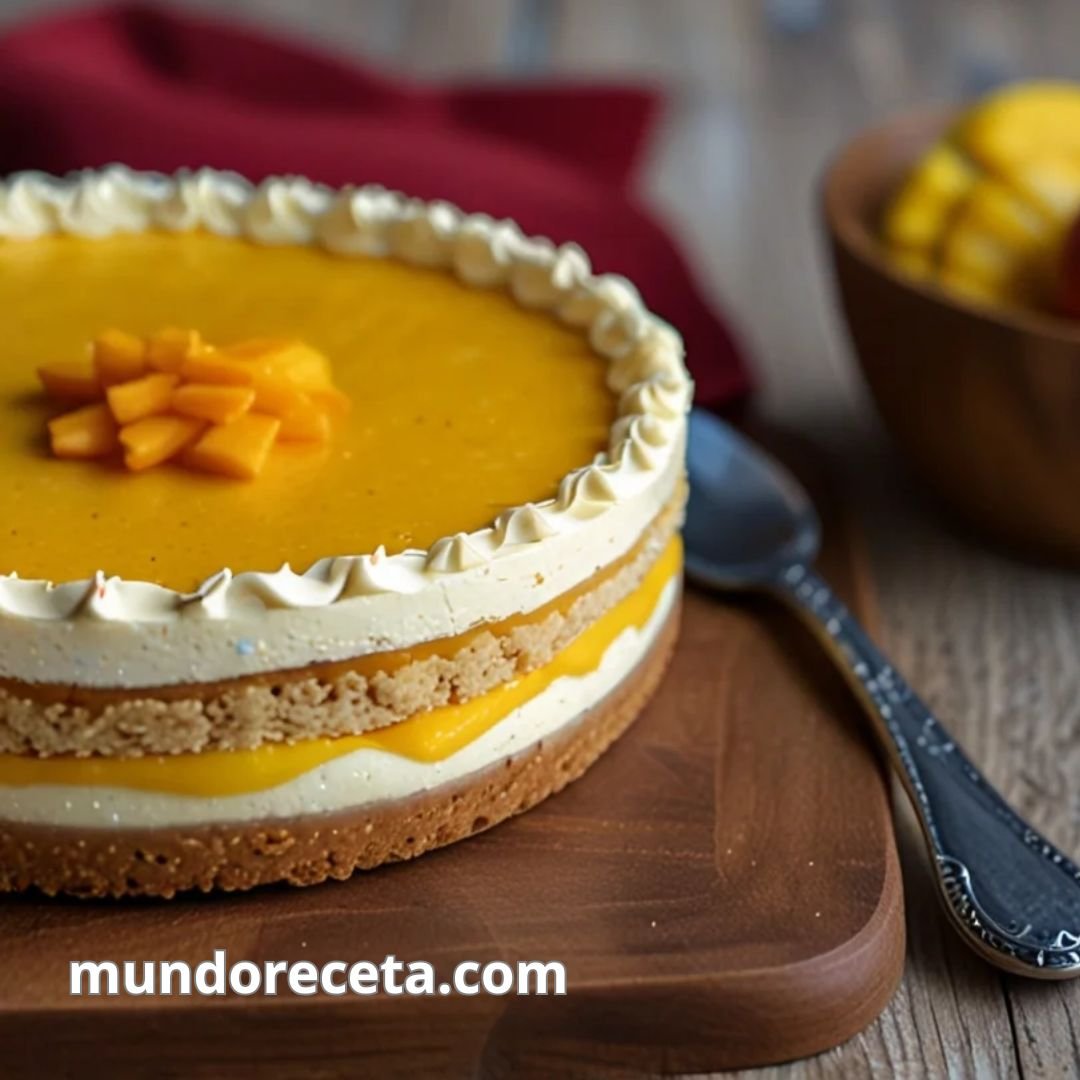 Tarta de mango y maracuyá con base de galleta