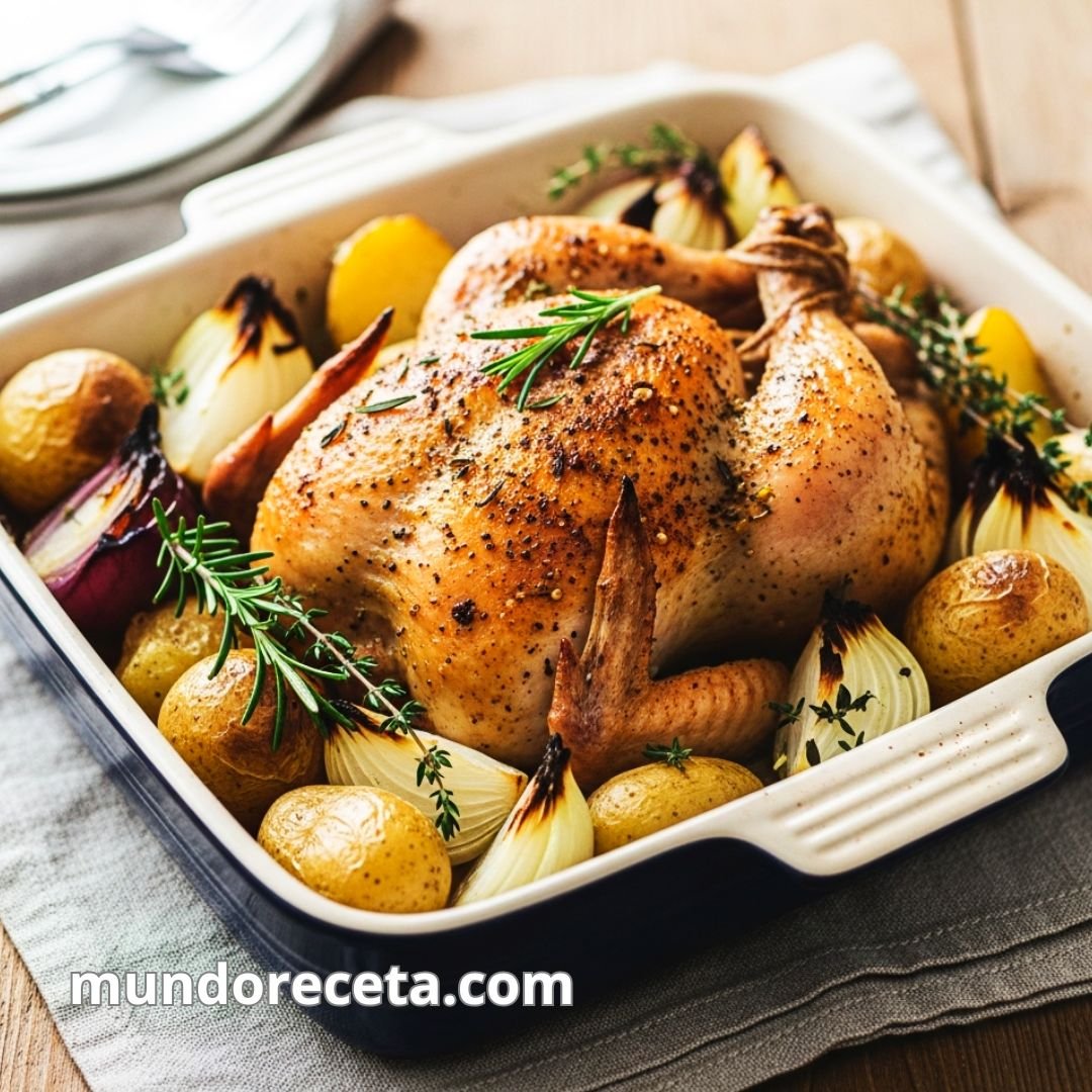 Pollo al horno con patatas y cebolla