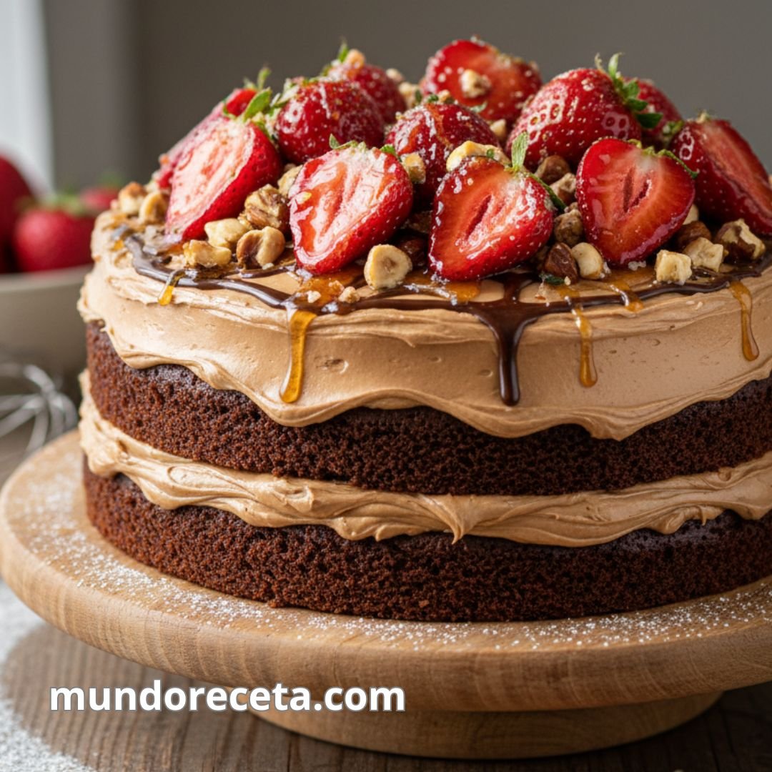 Bizcocho de chocolate con crema de avellanas y fresas caramelizadas