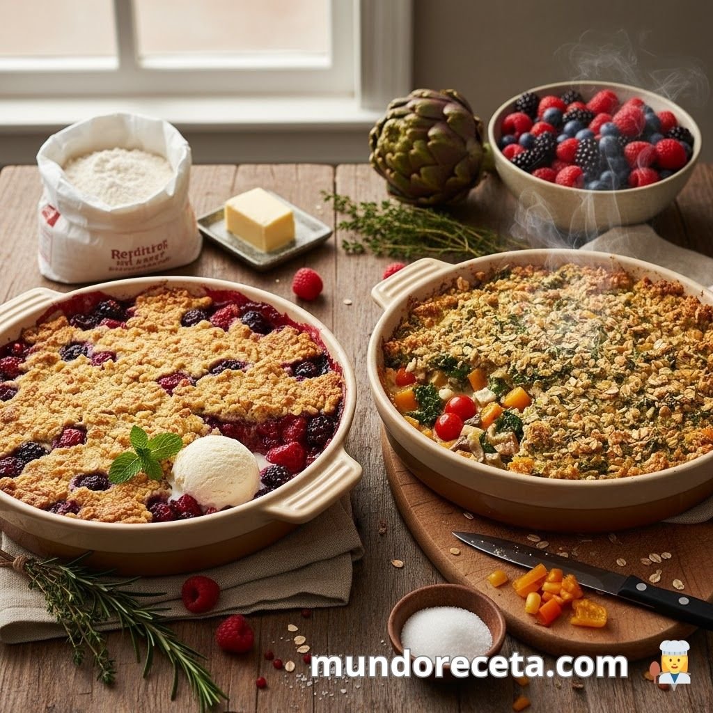 Aprende el arte del crumble en versiones dulces y saladas. Dos recetas fáciles, crujientes y deliciosas, ideales para aprovechar cualquier excedente de frutas y verduras