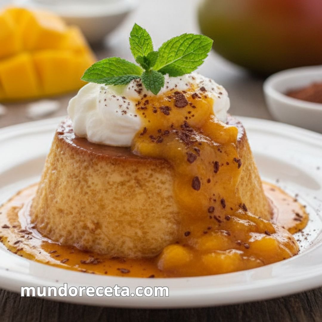 Flan de coco con salsa de mango y cacao