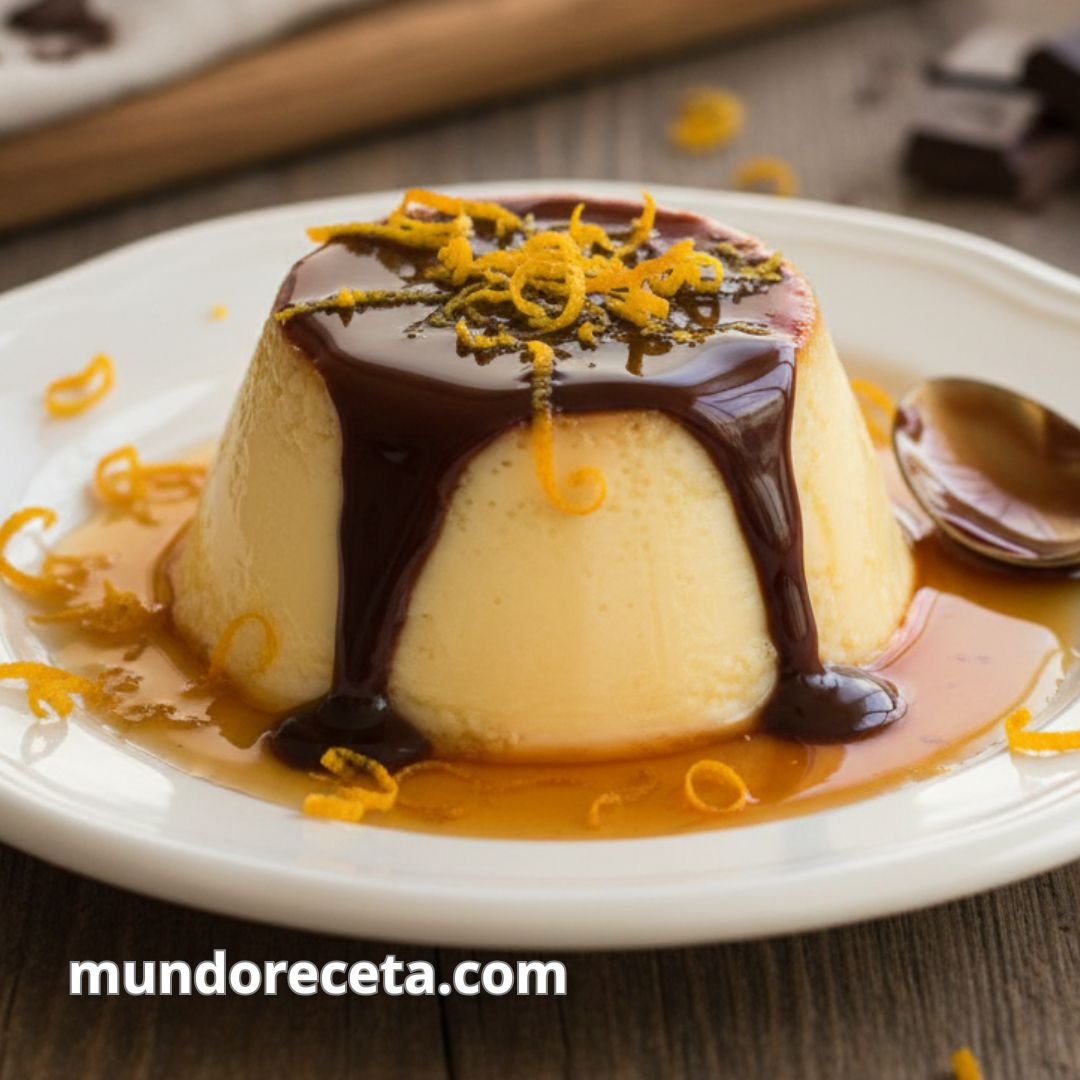 Flan de leche con caramelo de chocolate y ralladura de naranja