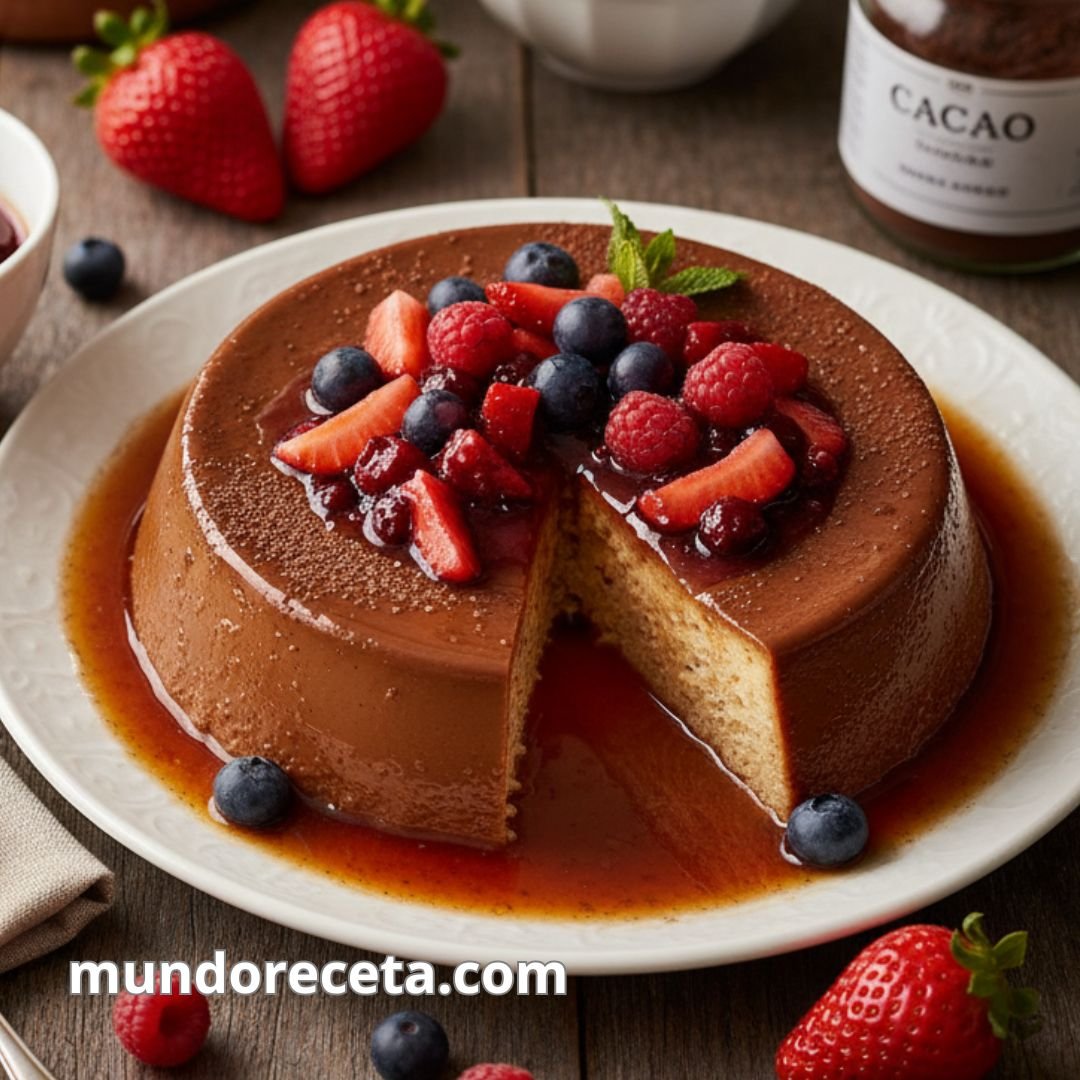 Flan de leche con caramelo de frutos rojos