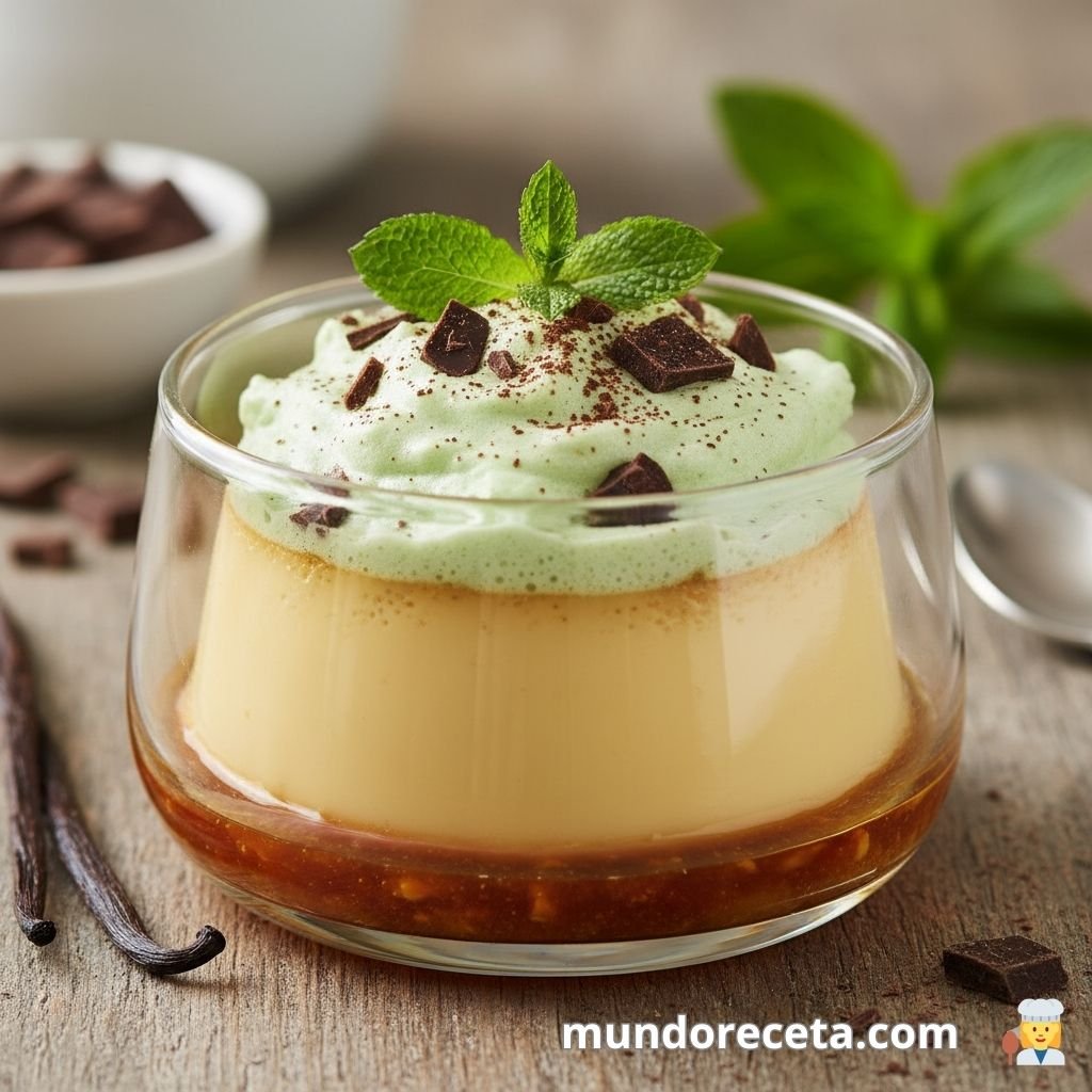 Flan de vainilla con espuma de menta y trozos de chocolate