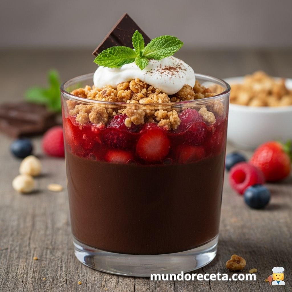 Pudin de chocolate con salsa de frutos rojos y crumble de avellanas