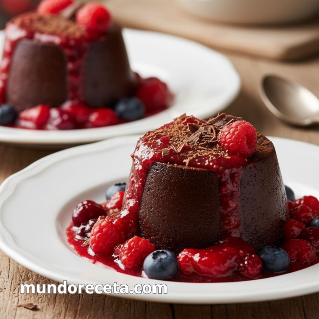 Pudin de chocolate con salsa de frutos rojos