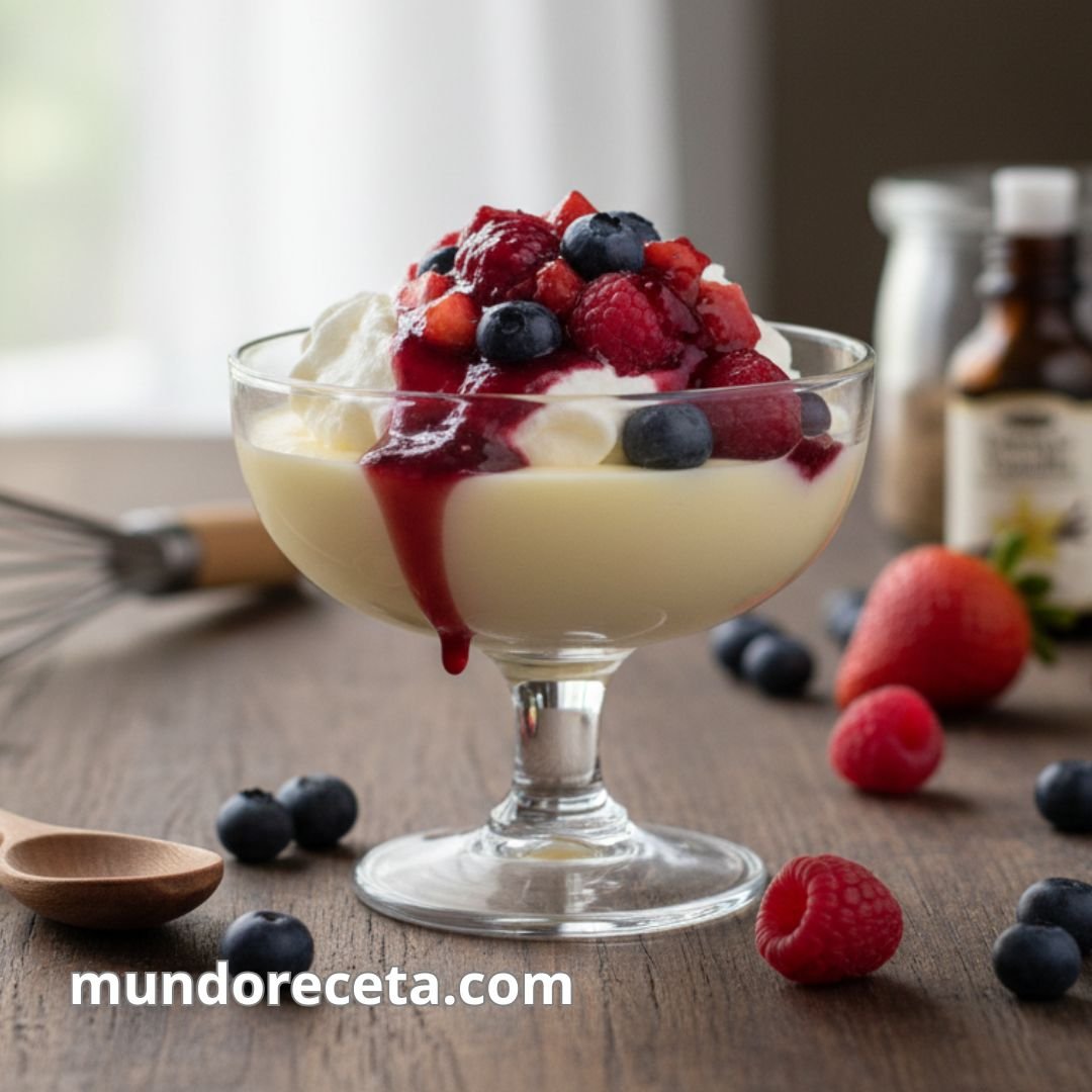 Pudin de vainilla con salsa de frutos rojos
