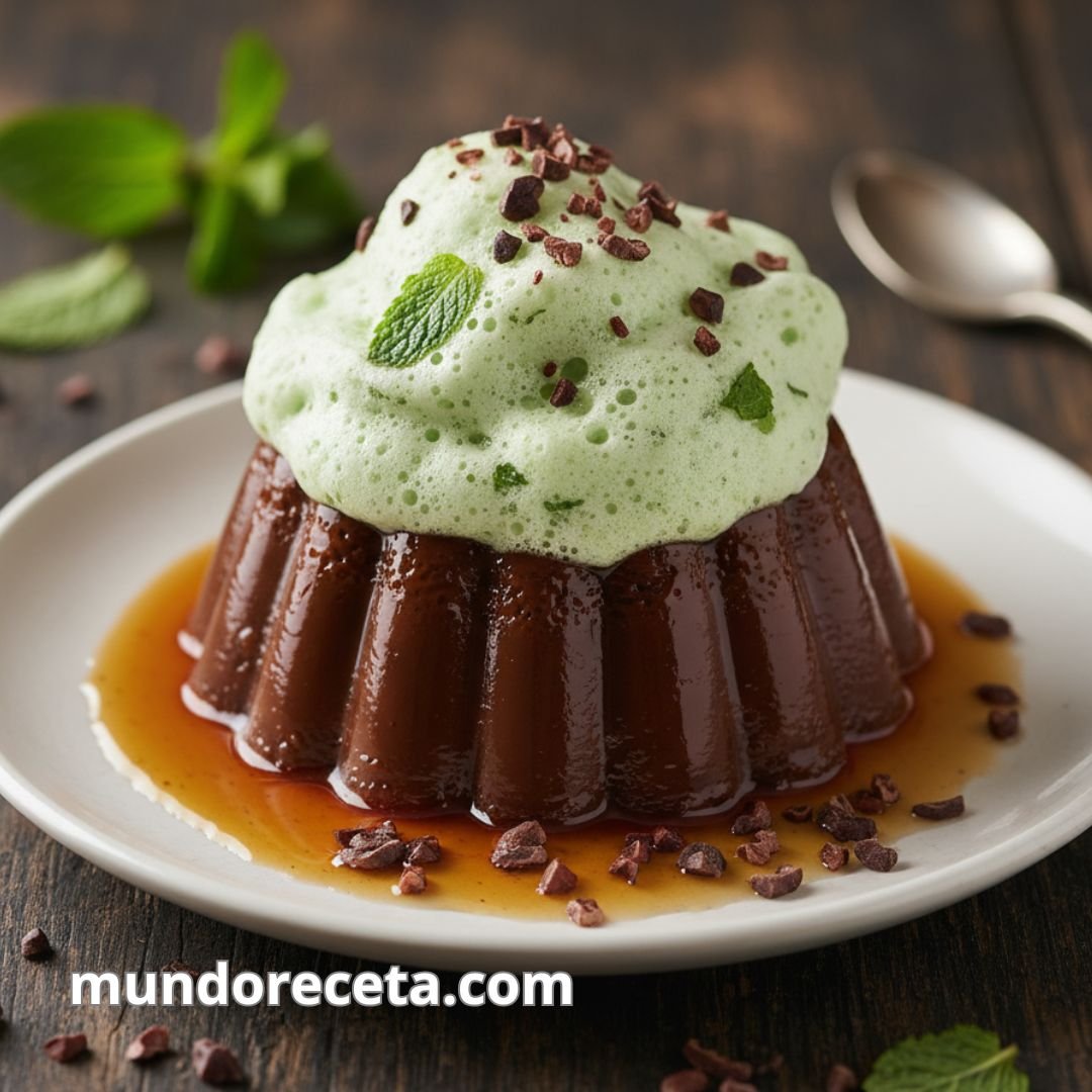 flan de chocolate con espuma de menta