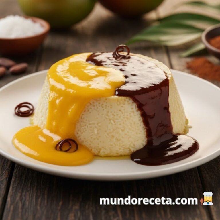 Descubre cómo preparar un flan de coco suave y exótico, cubierto con una vibrante salsa de mango y un toque sofisticado de cacao. El postre perfecto para sorprender