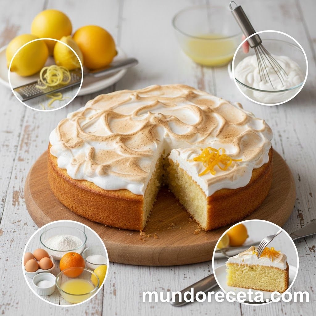 Bizcocho de limón con merengue de naranja, una receta que combina la intensidad del limón con la dulzura del merengue de naranja