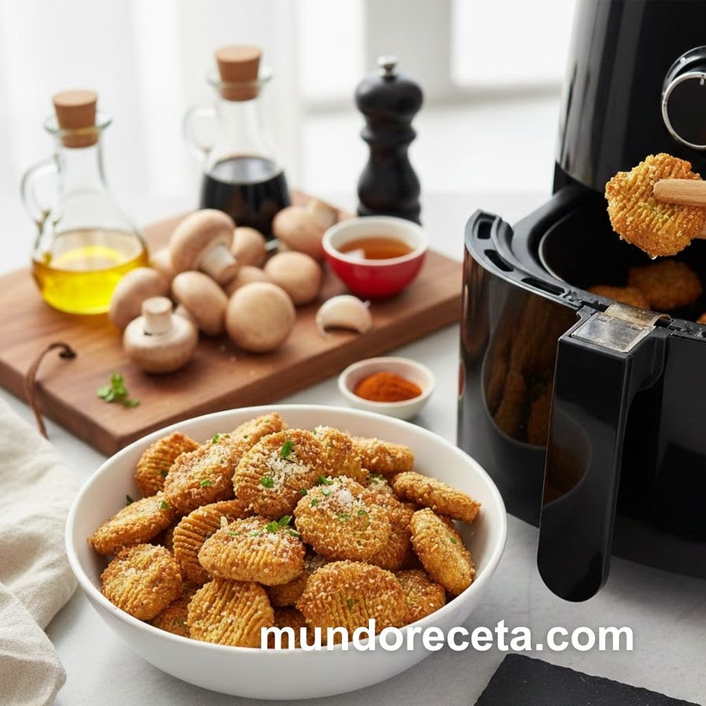 Prepara champiñones air fryer crujientes y llenos de umami en solo 15 minutos. La receta viral perfecta para un snack o guarnición. ¡Fácil y delicioso!
