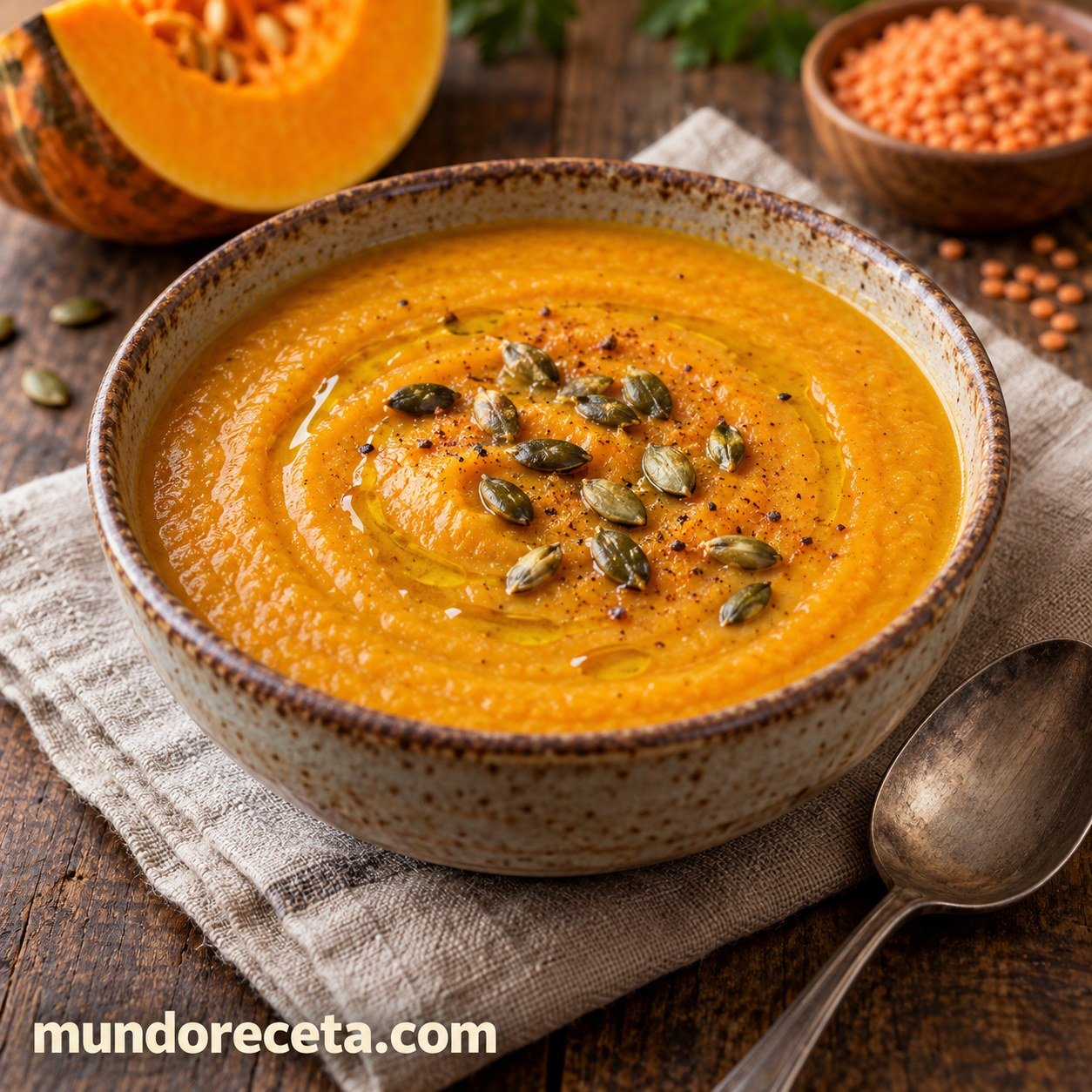 Crema de calabaza y lentejas rojas al curry con semillas tostadas y aceite de oliva