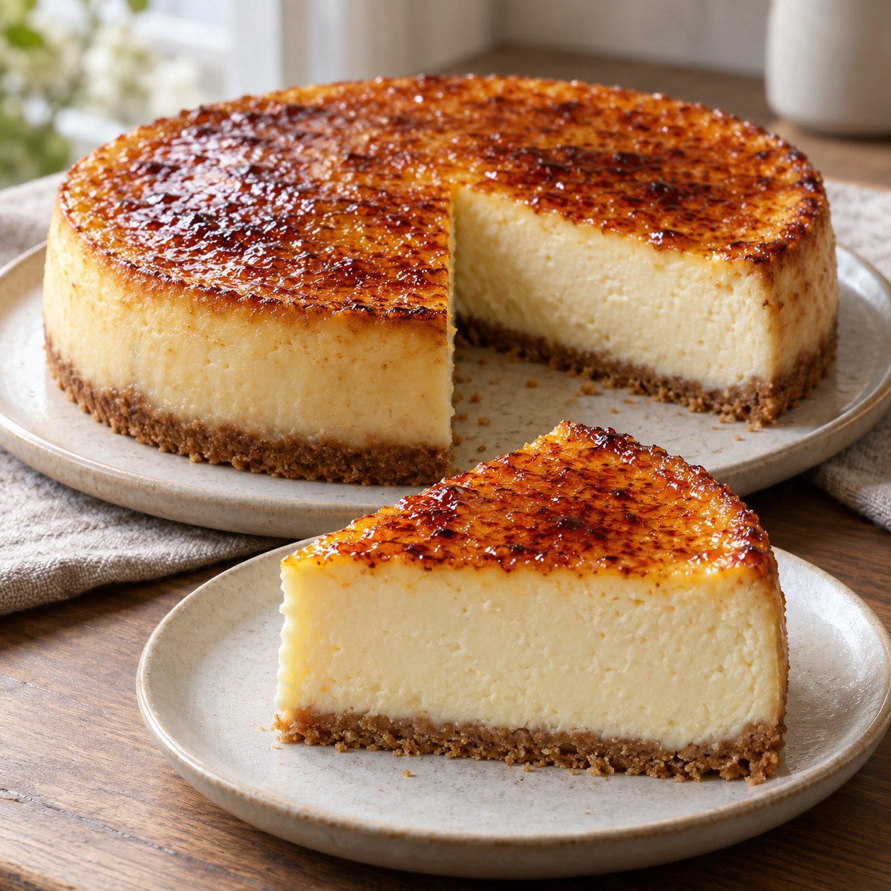 Tarta de queso con crème brûlée y una porción con cobertura caramelizada crujiente